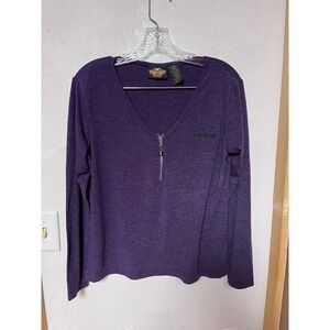 Harley Davidson Purple Long Sleeve Zipper V Neck T Shirt Women's L